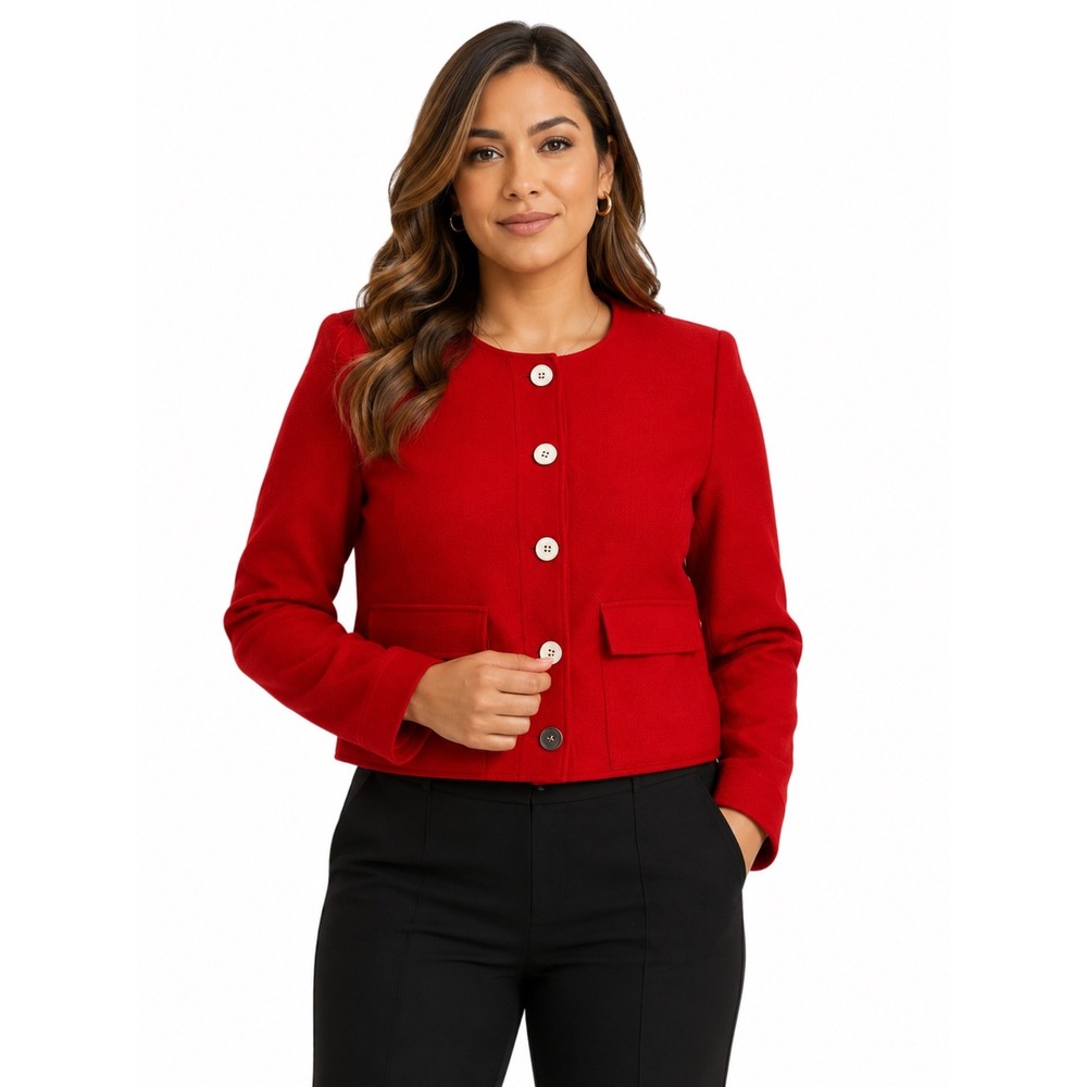 Worth New York Red Textured Cropped Collarless Blazer SP Corporate Sophisticated